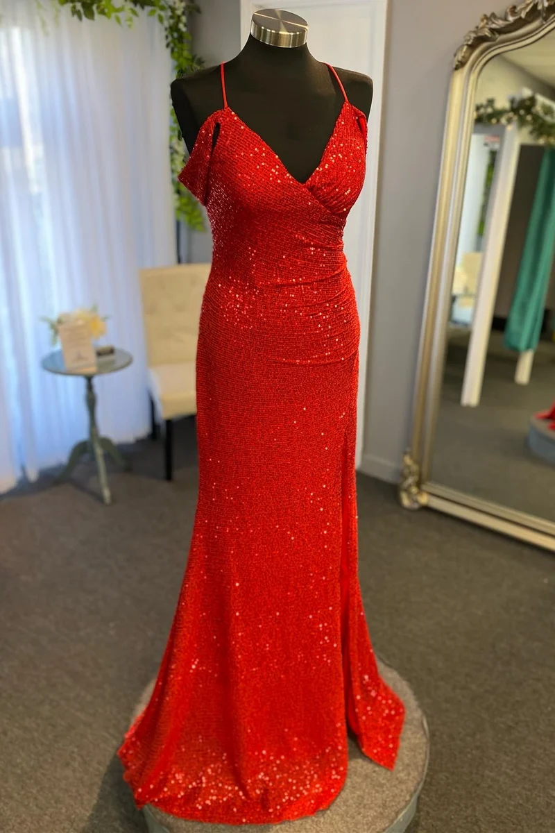 Robe de bal longue sirène surplis à sequins rouges avec fente latérale