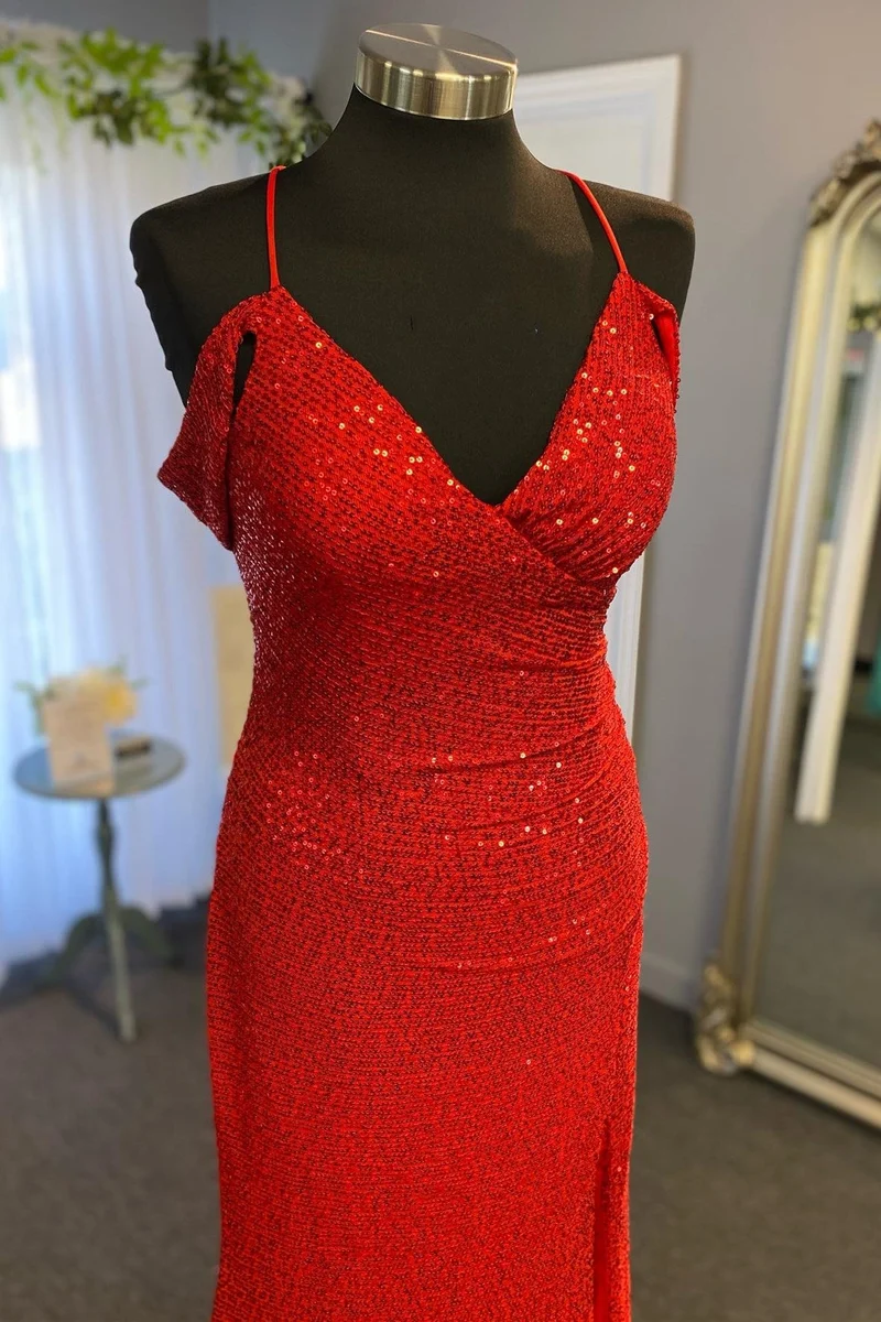 Robe de bal longue sirène surplis à sequins rouges avec fente latérale