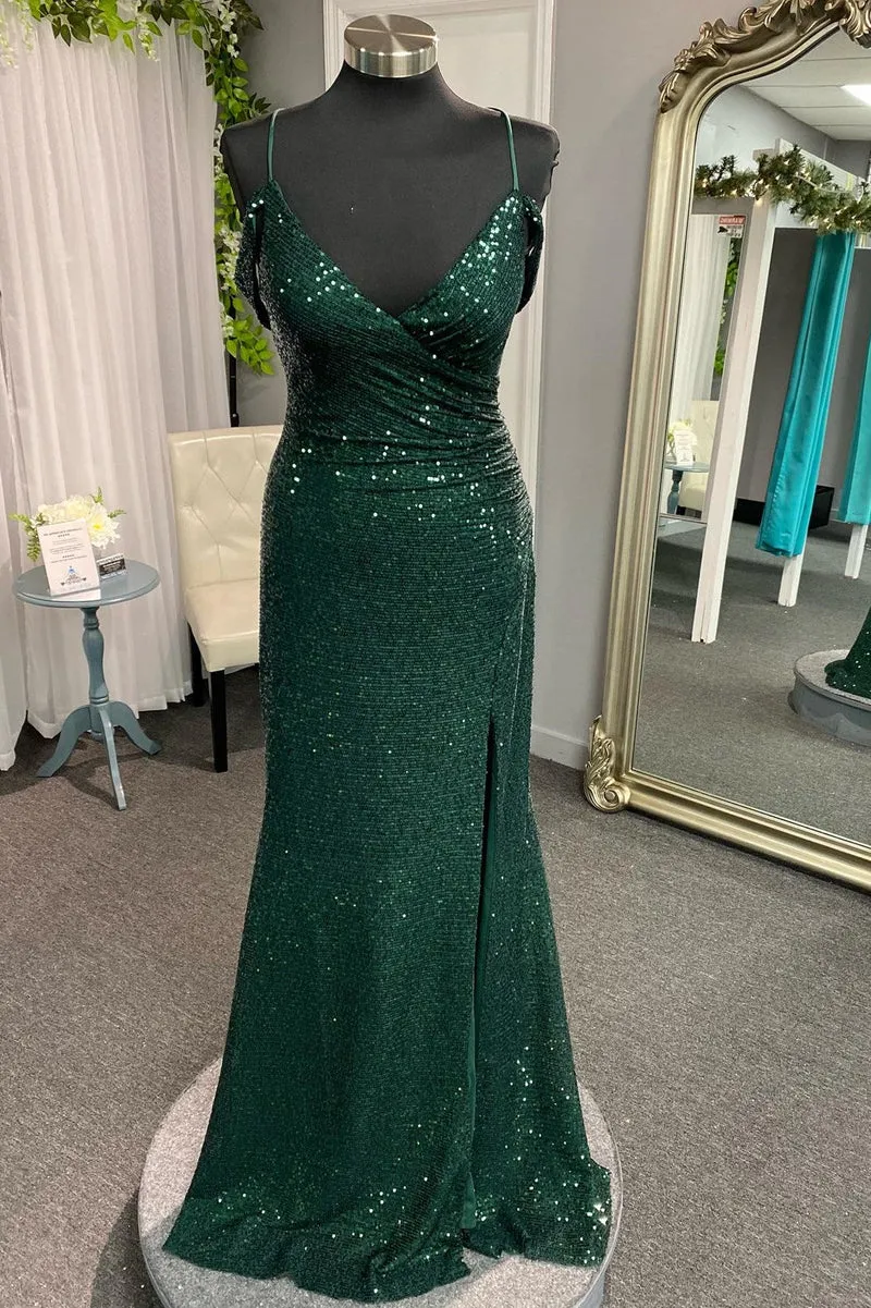 Robe de bal longue sirène surplis à sequins rouges avec fente latérale