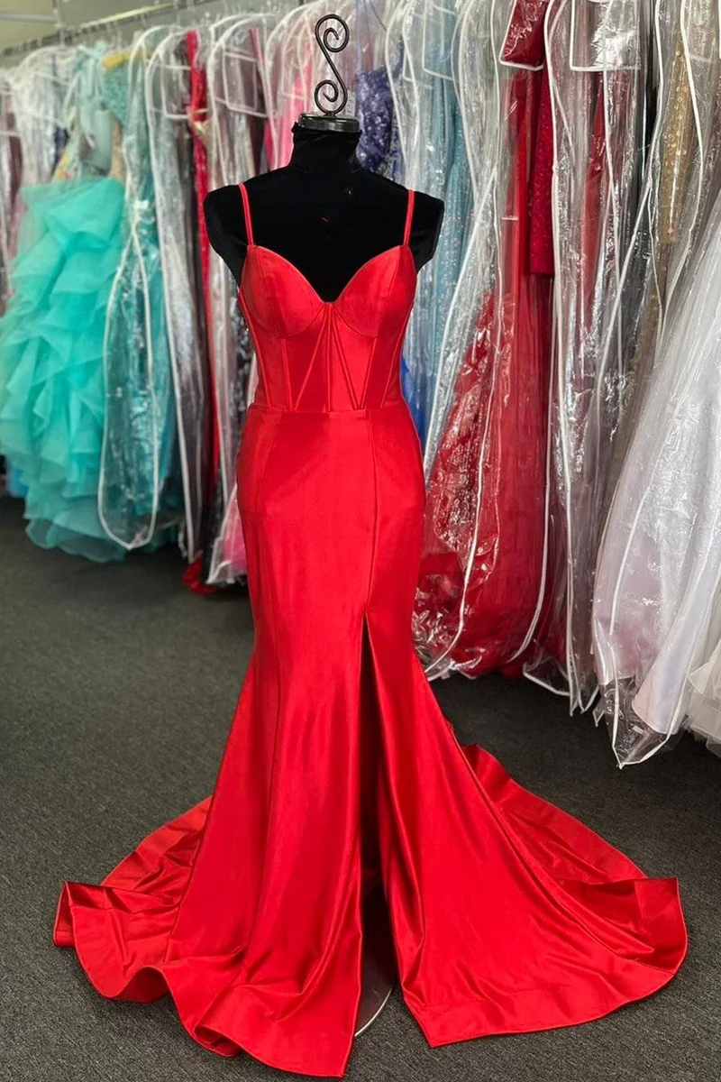 Robe formelle longue sirène à lacets corset rouge avec fente