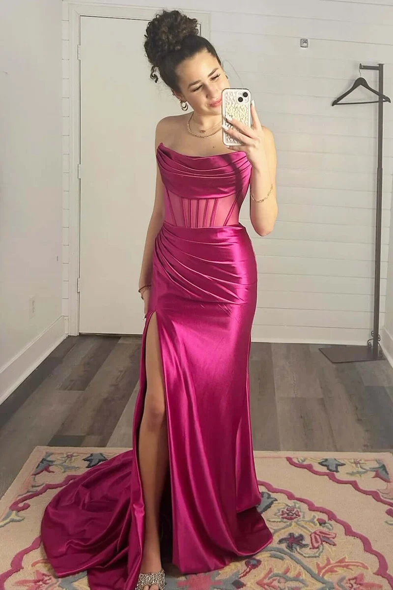 Robe sirène longue formelle rose vif à col bénitier avec fente haute