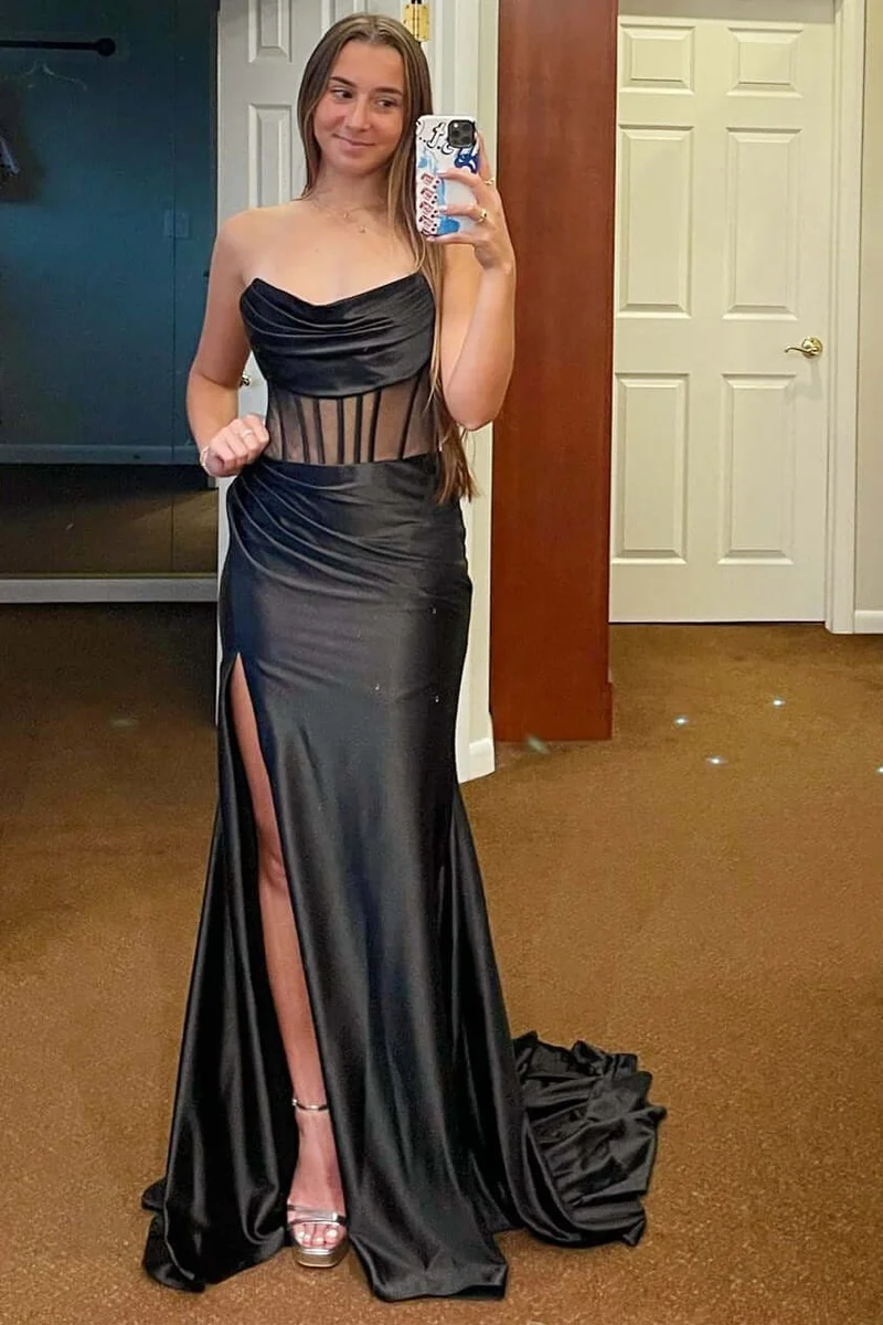Robe sirène longue formelle rose vif à col bénitier avec fente haute