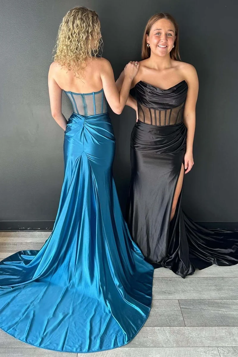 Robe sirène longue formelle rose vif à col bénitier avec fente haute