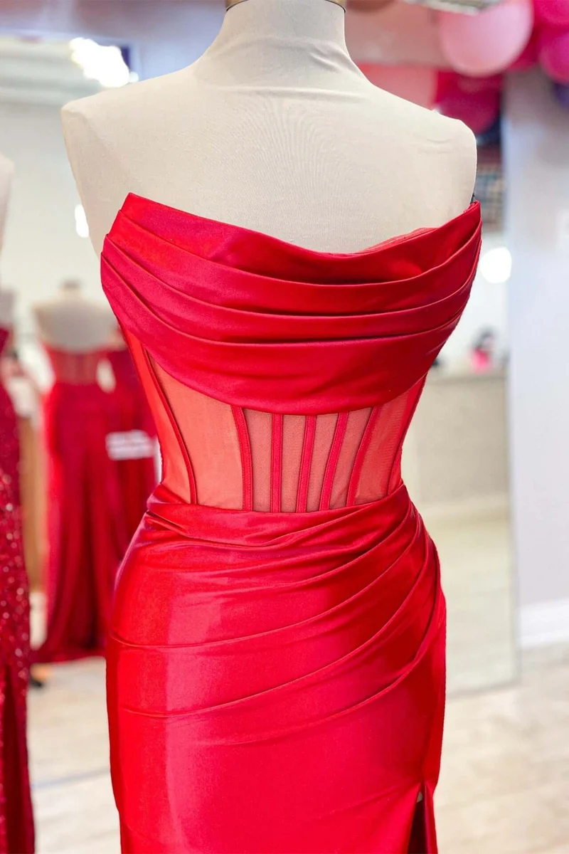 Robe sirène longue formelle rose vif à col bénitier avec fente haute