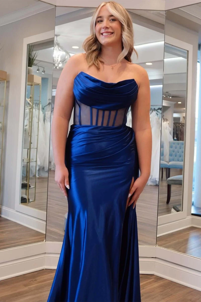 Robe sirène longue formelle rose vif à col bénitier avec fente haute