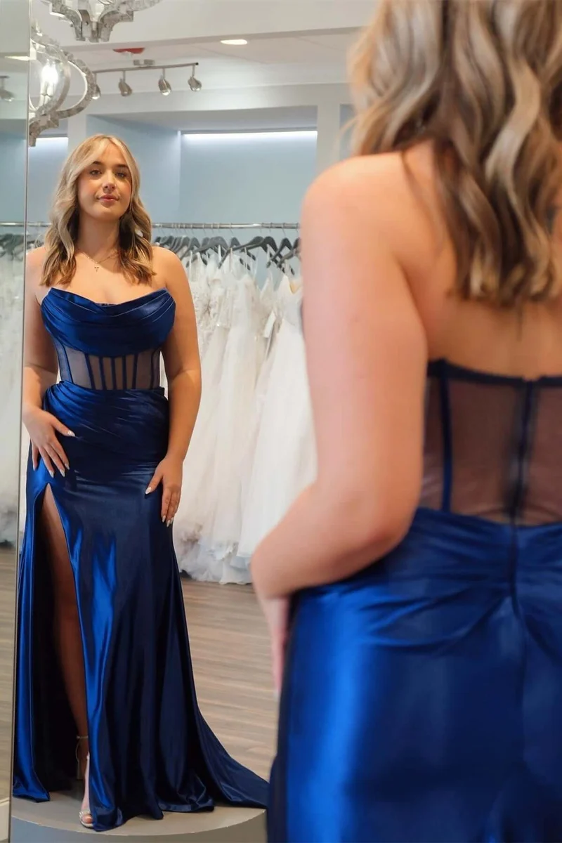 Robe sirène longue formelle rose vif à col bénitier avec fente haute