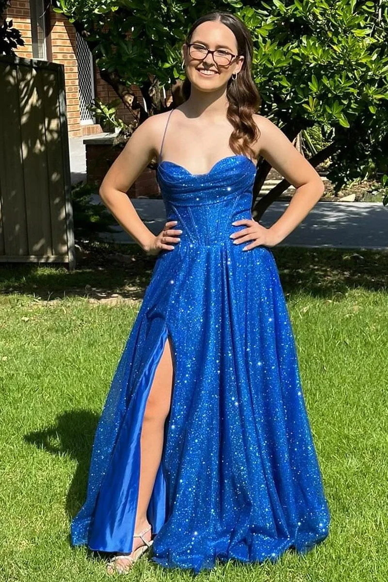 Robe de bal longue trapèze avec corsage à lacets et col bénitier scintillant