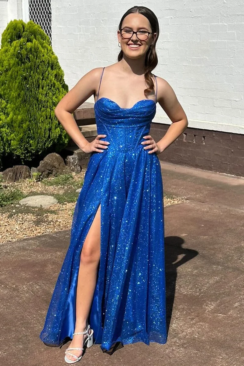 Robe de bal longue trapèze avec corsage à lacets et col bénitier scintillant