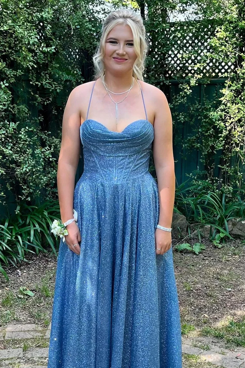Robe de bal longue trapèze avec corsage à lacets et col bénitier scintillant