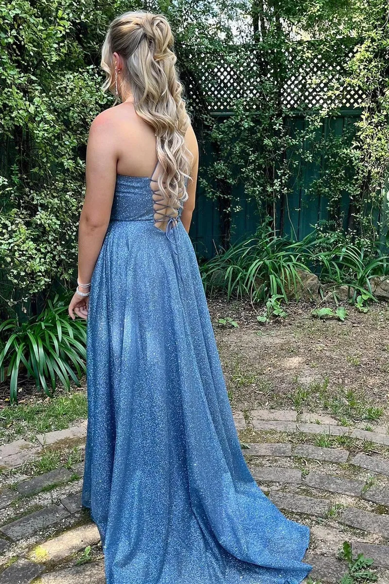 Robe de bal longue trapèze avec corsage à lacets et col bénitier scintillant