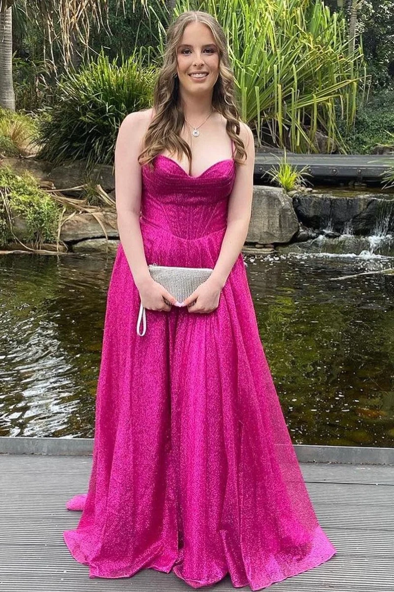 Robe de bal longue trapèze avec corsage à lacets et col bénitier scintillant