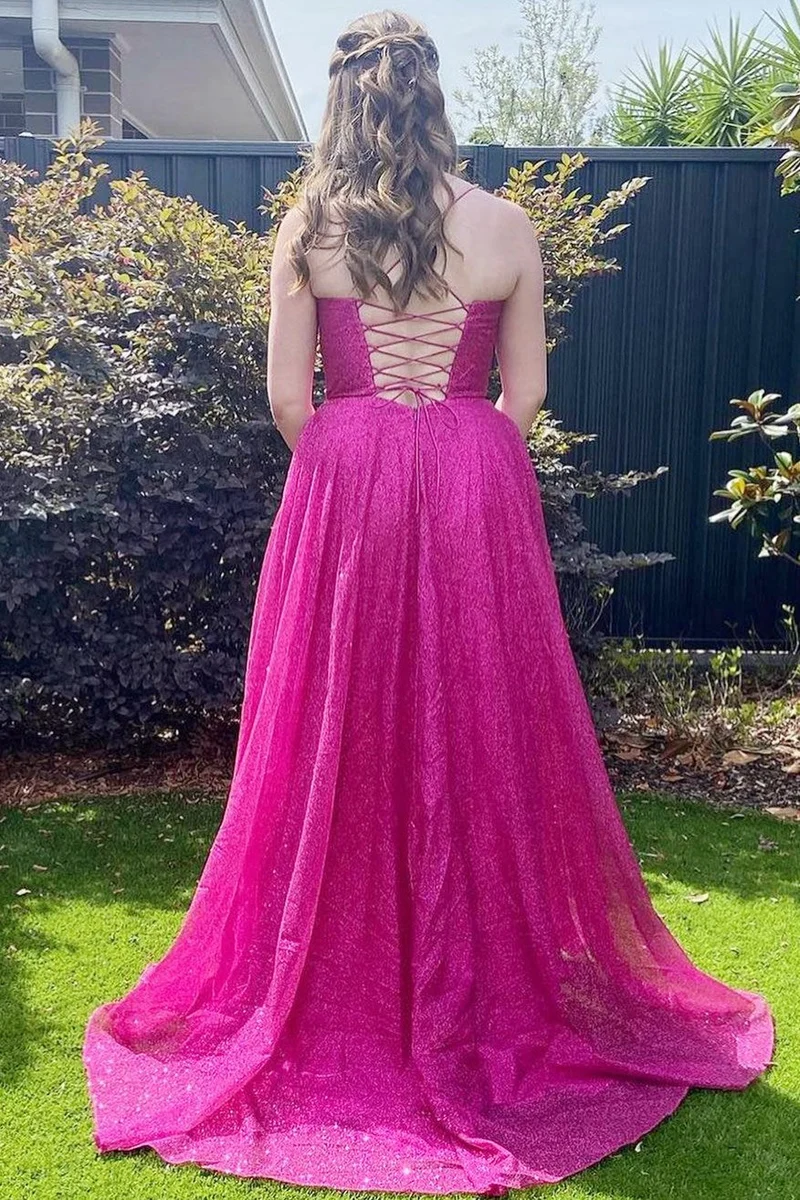 Robe de bal longue trapèze avec corsage à lacets et col bénitier scintillant