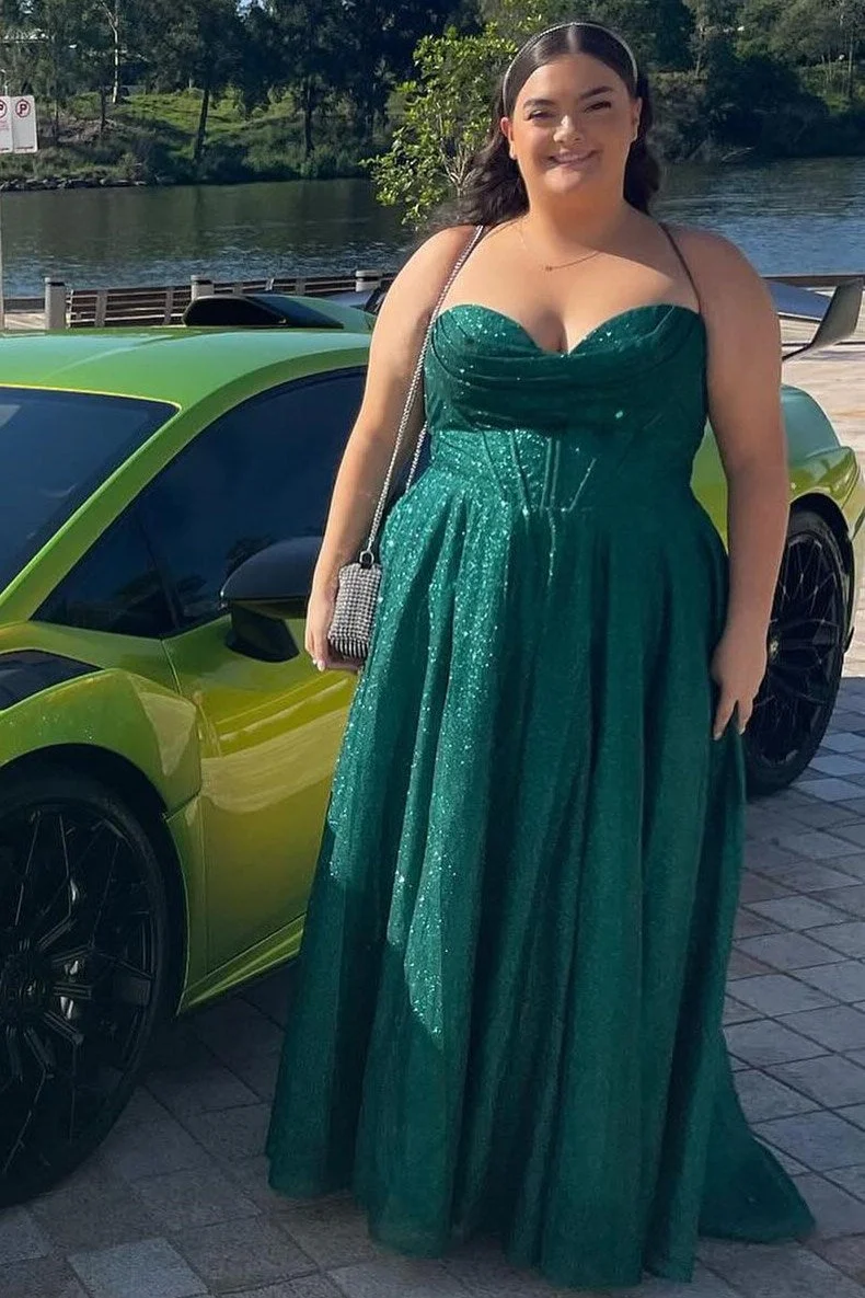 Robe de bal longue trapèze avec corsage à lacets et col bénitier scintillant