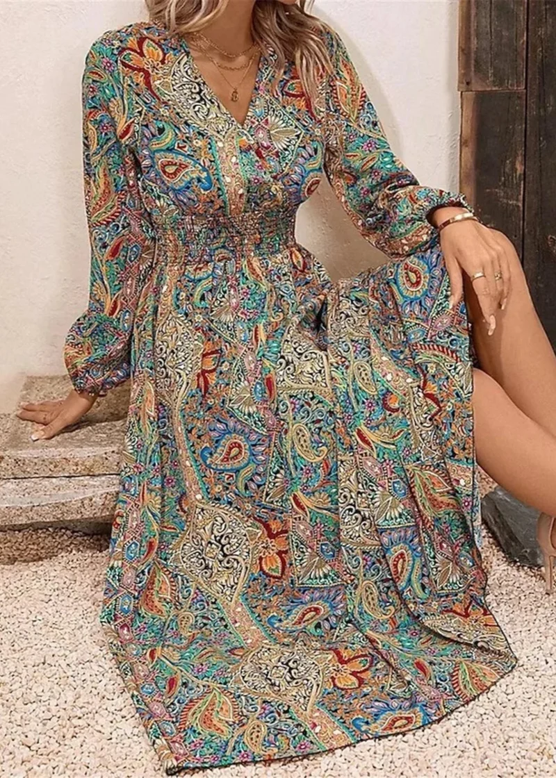 Robe tendance boheme longue verte
