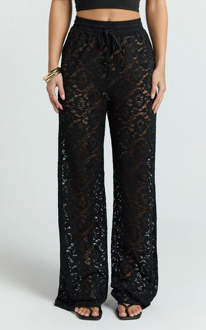 Roxy Pants - High Waist Lace Relaxed Drawstring Pants in Black