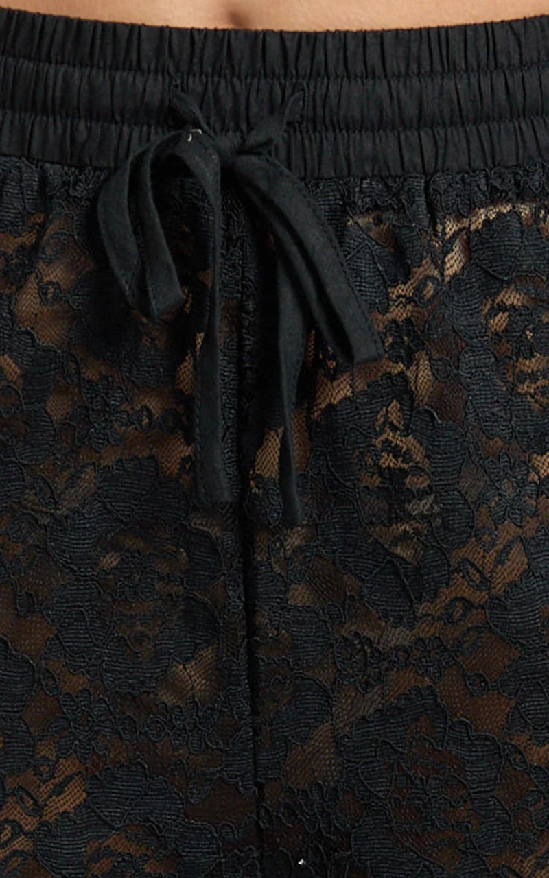 Roxy Pants - High Waist Lace Relaxed Drawstring Pants in Black