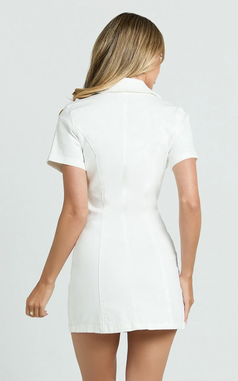 Laine Mini Dress - Button Down Denim Shirt Dress in White