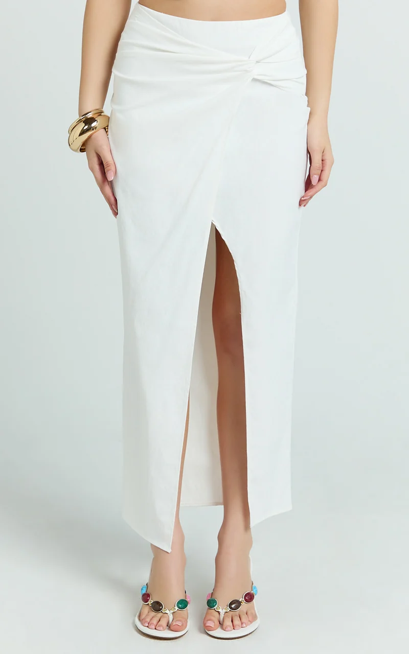 Dylan Midi Skirt - Mid Waist Twist Front Midi Skirt in White