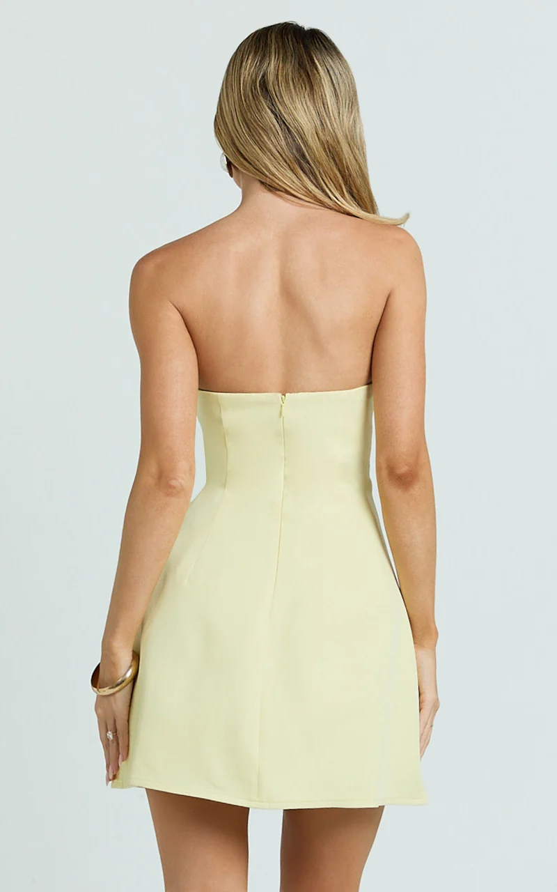 Helena Mini Dress - Strapless A Line Dress in Lemon