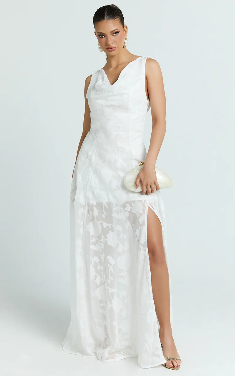 Ziva Maxi Dress - Jacquard Cowl Neck Dress in White