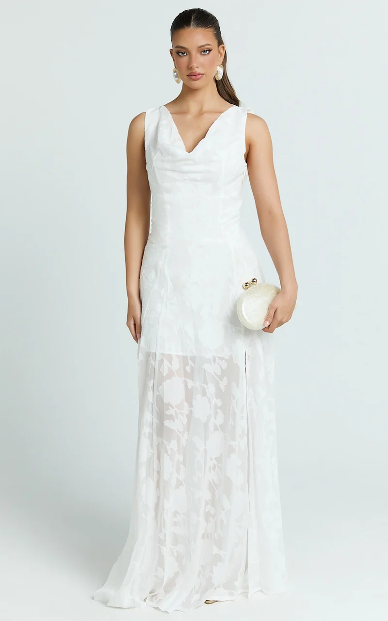 Ziva Maxi Dress - Jacquard Cowl Neck Dress in White