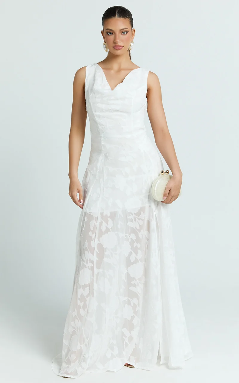 Ziva Maxi Dress - Jacquard Cowl Neck Dress in White