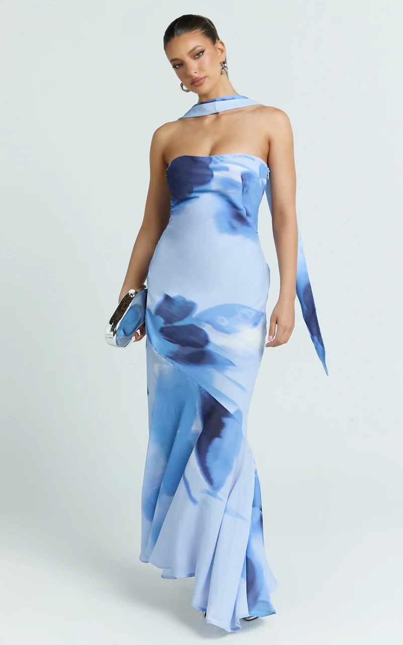 Angie Maxi Dress - Strapless Bias Column Dress with Scarf in Blue Print
