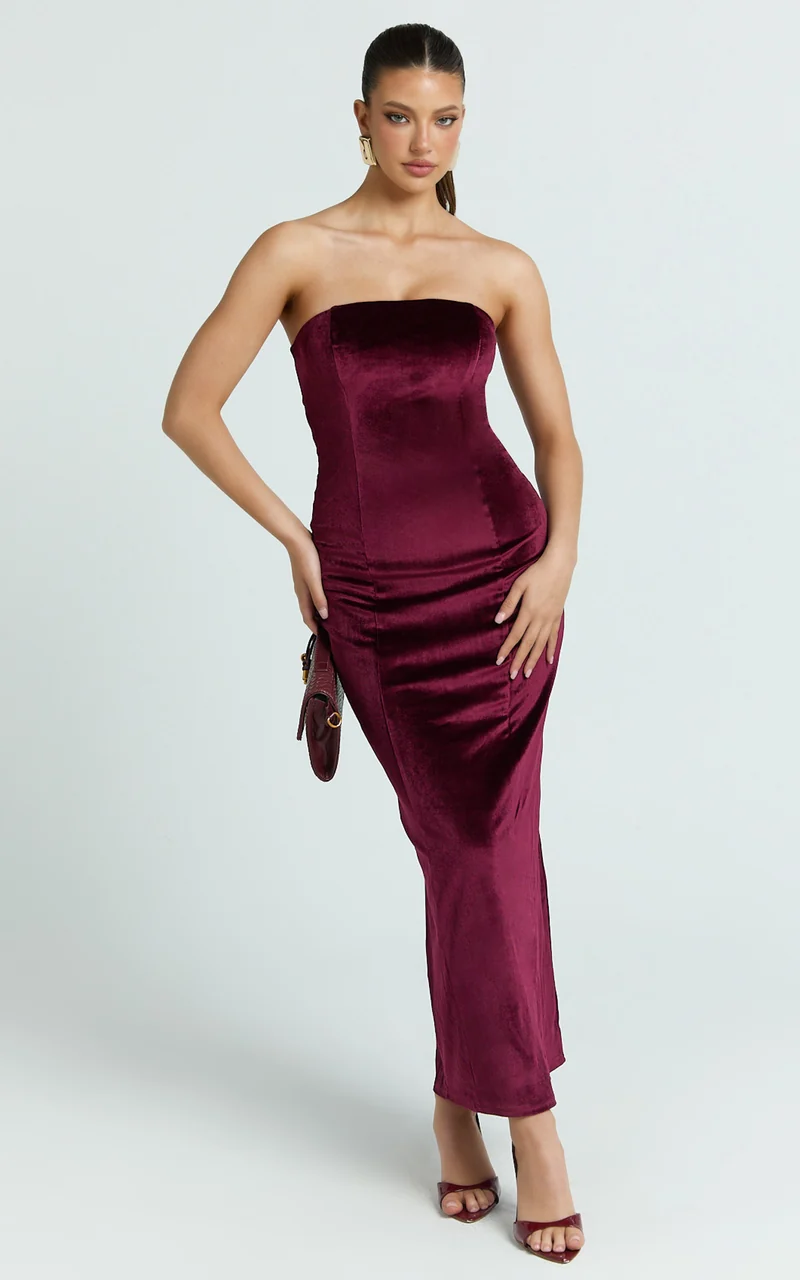 Cartia Midi Dress - Velvet Strapless Bodycon Dress in Wine