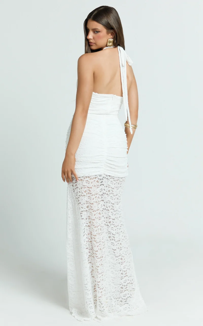 Ellen Maxi Dress - Plunge Neck Lace Frill Hem Dress in White