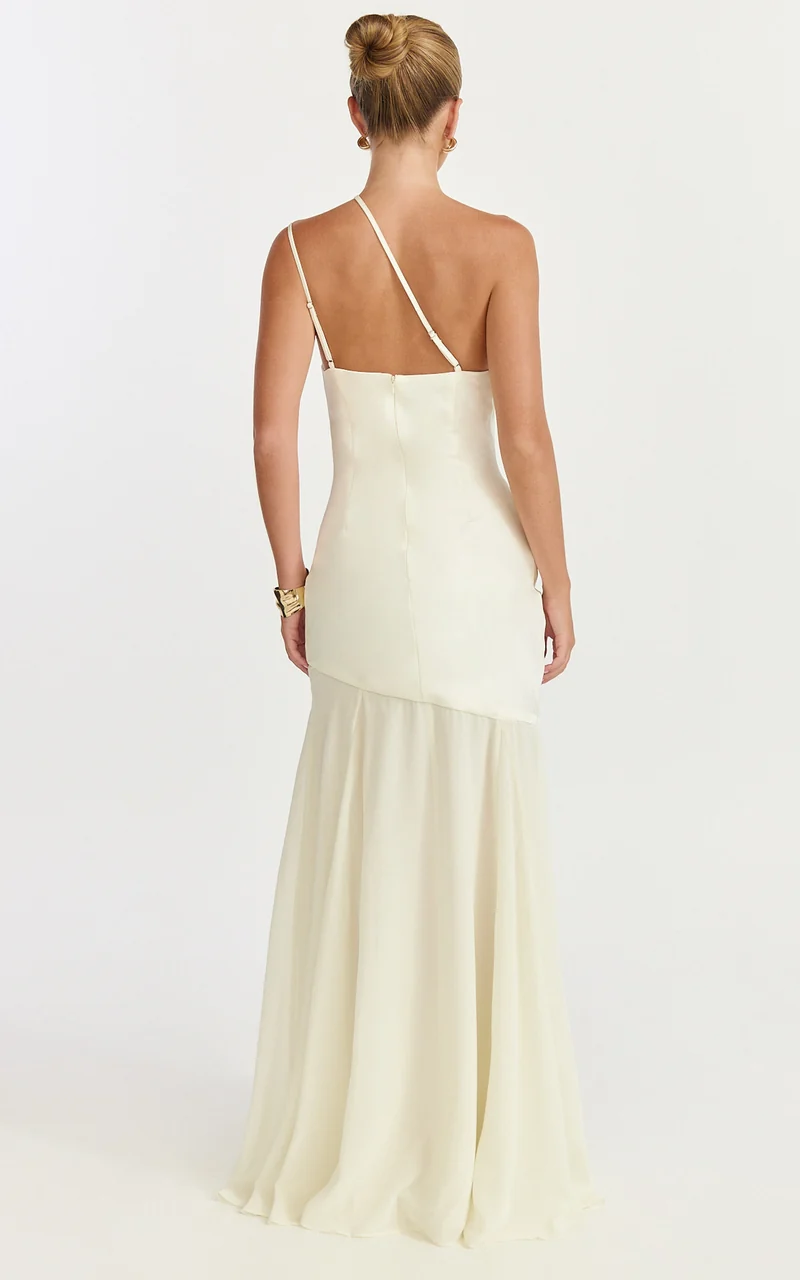 Flynn Maxi Dress - Asymmetric Neck Sheer Skirt Dress in Ivory