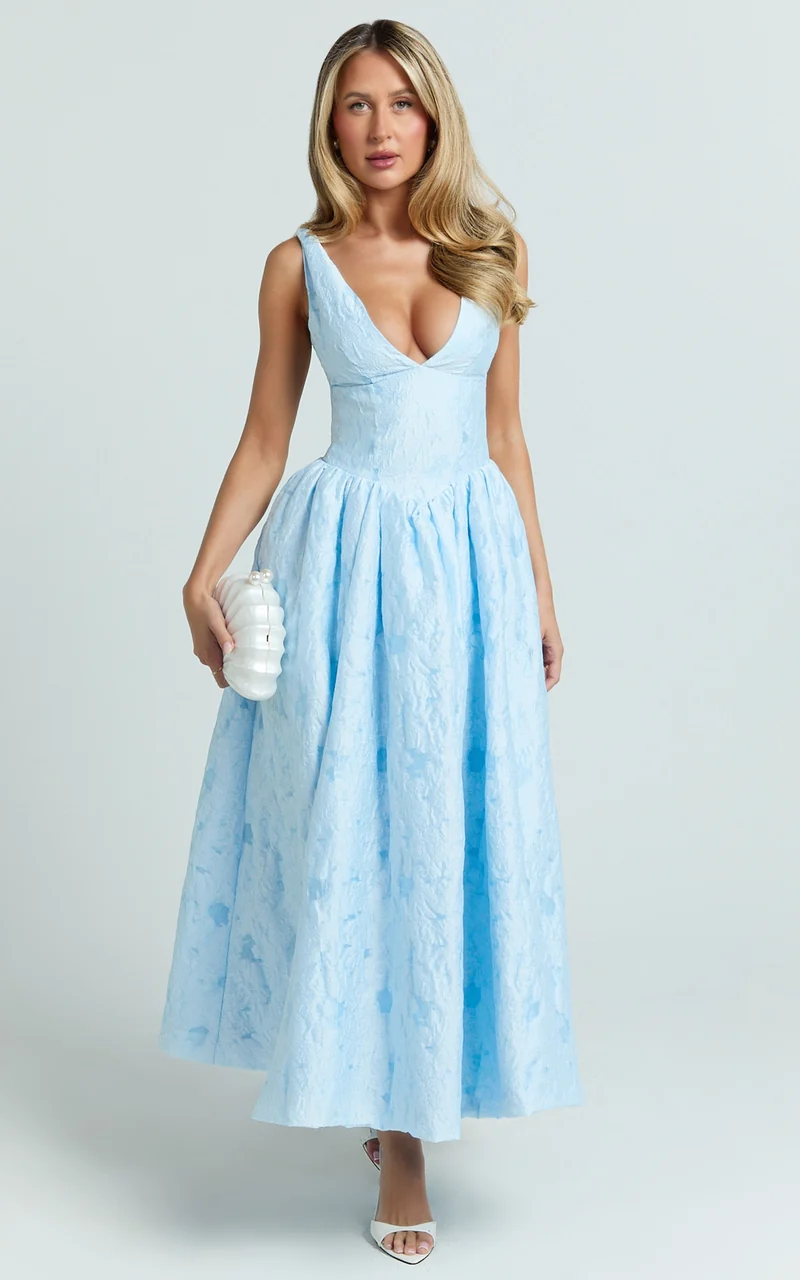 Posie Midi Dress - Jacquard Fit And Flare Dress in Blue