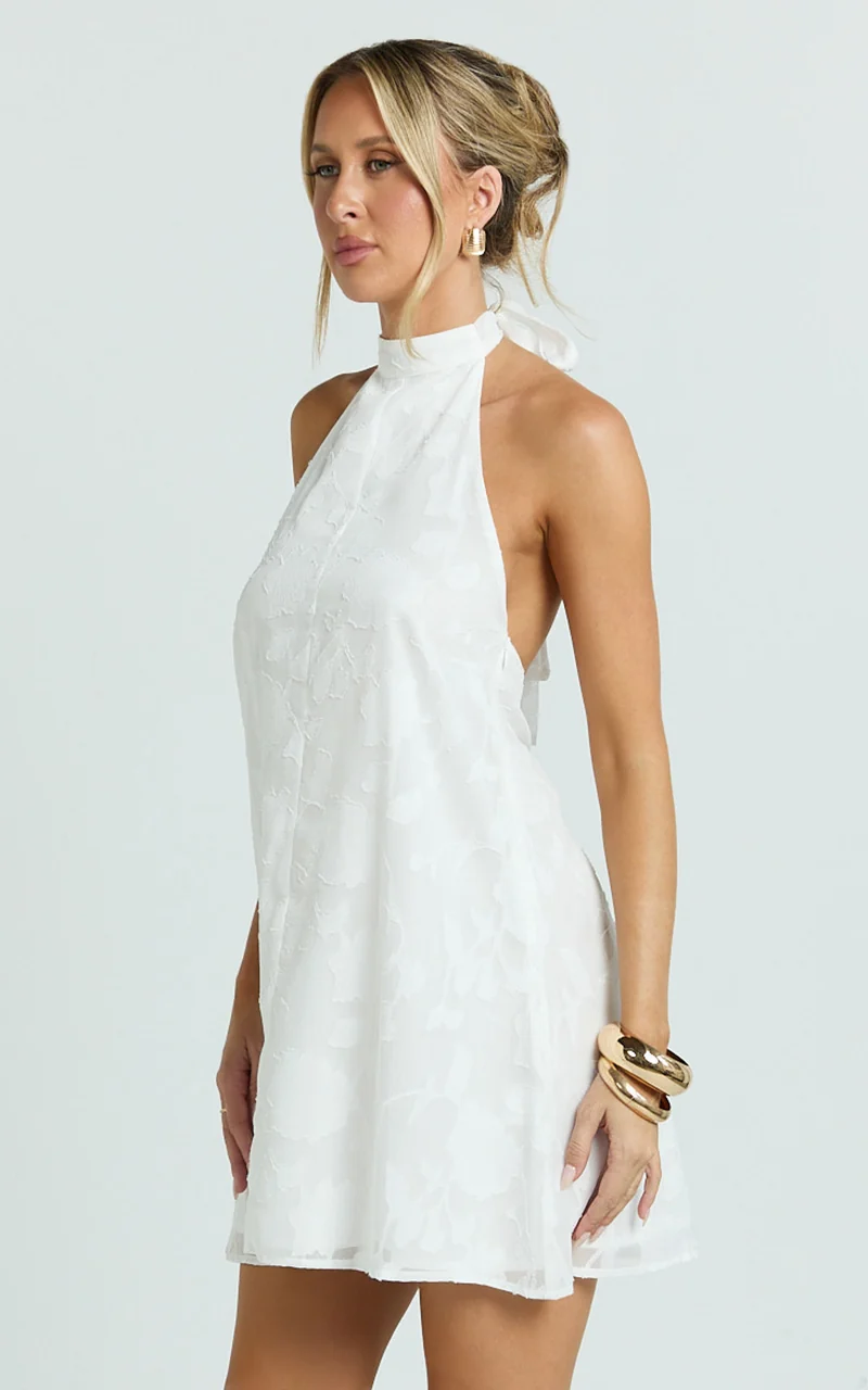 Ziva Mini Dress - Jacquard Halter A Line Dress in White