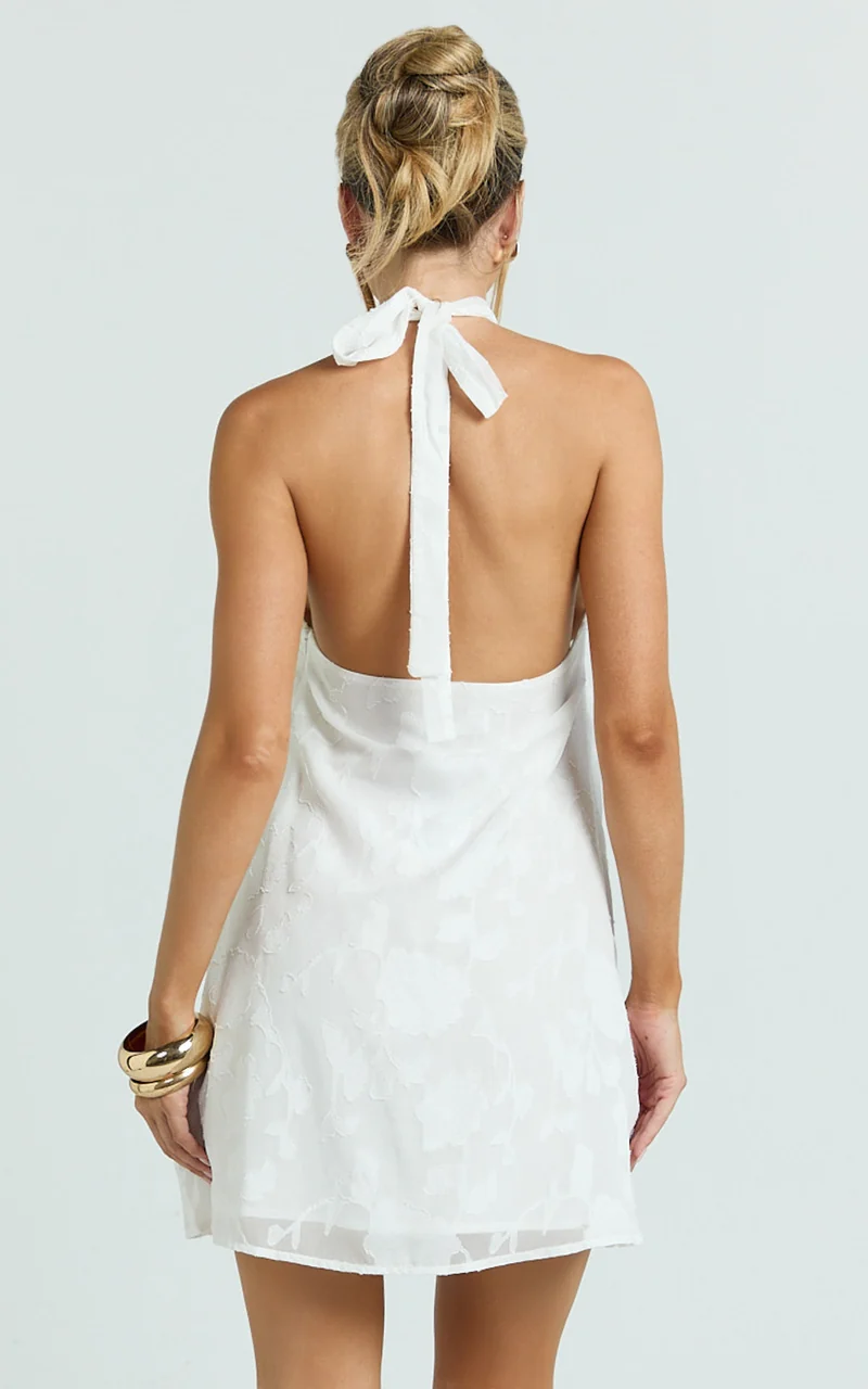 Ziva Mini Dress - Jacquard Halter A Line Dress in White
