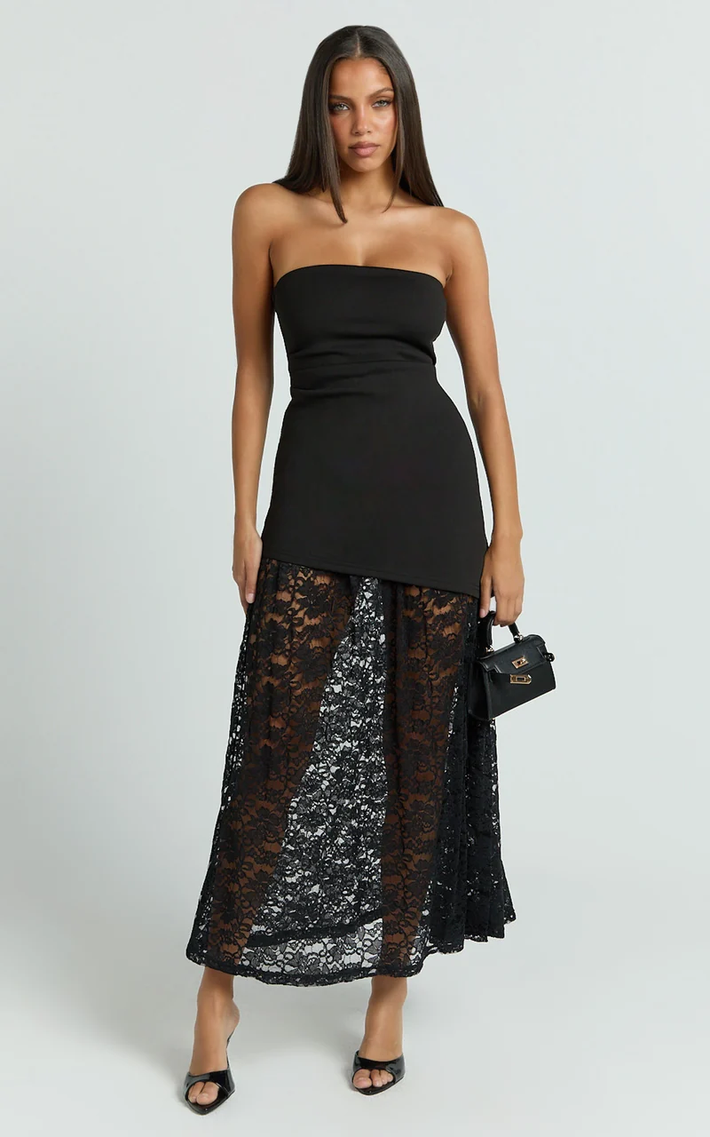 Mila Midi Dress - Strapless Dropped Waist Dress in Black
