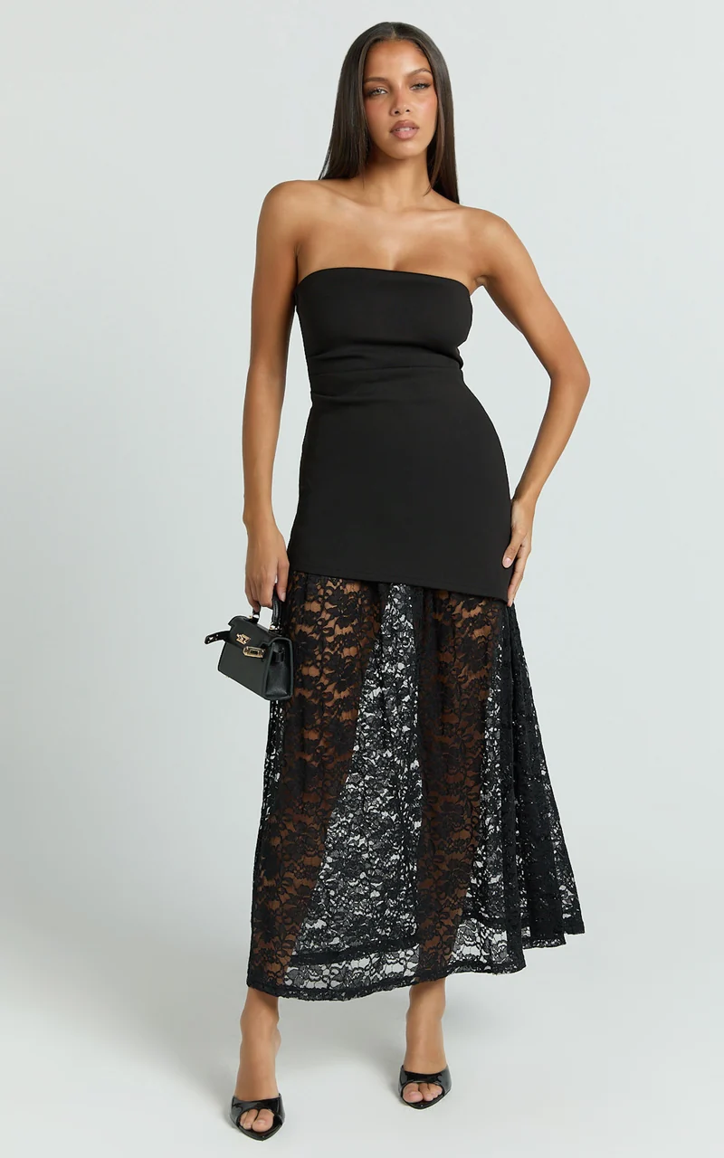 Mila Midi Dress - Strapless Dropped Waist Dress in Black