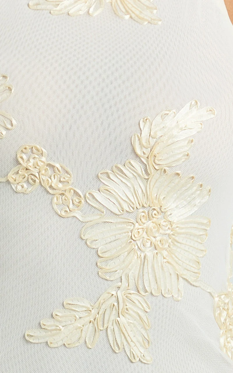Jelena Mini Dress - Embroidered Floral Boat Neck Bodycon Dress in Lemon