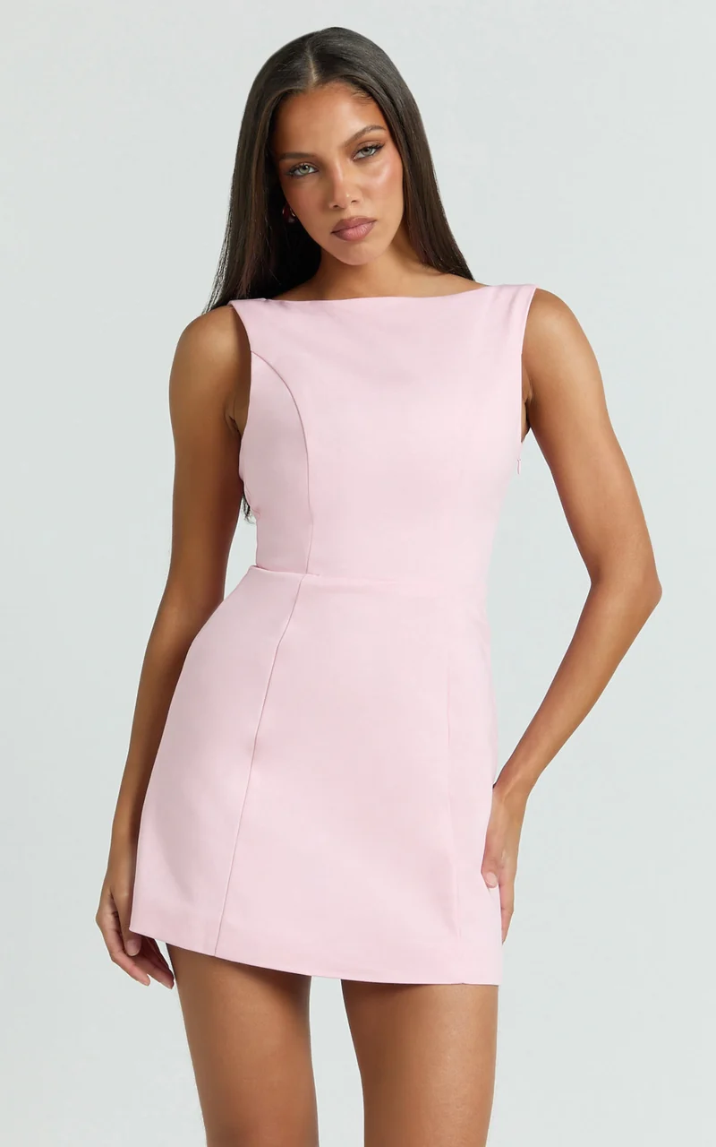 Windsor Mini Dress - Boatneck A-Line Skirt Back Bow Dress in Pale Pink