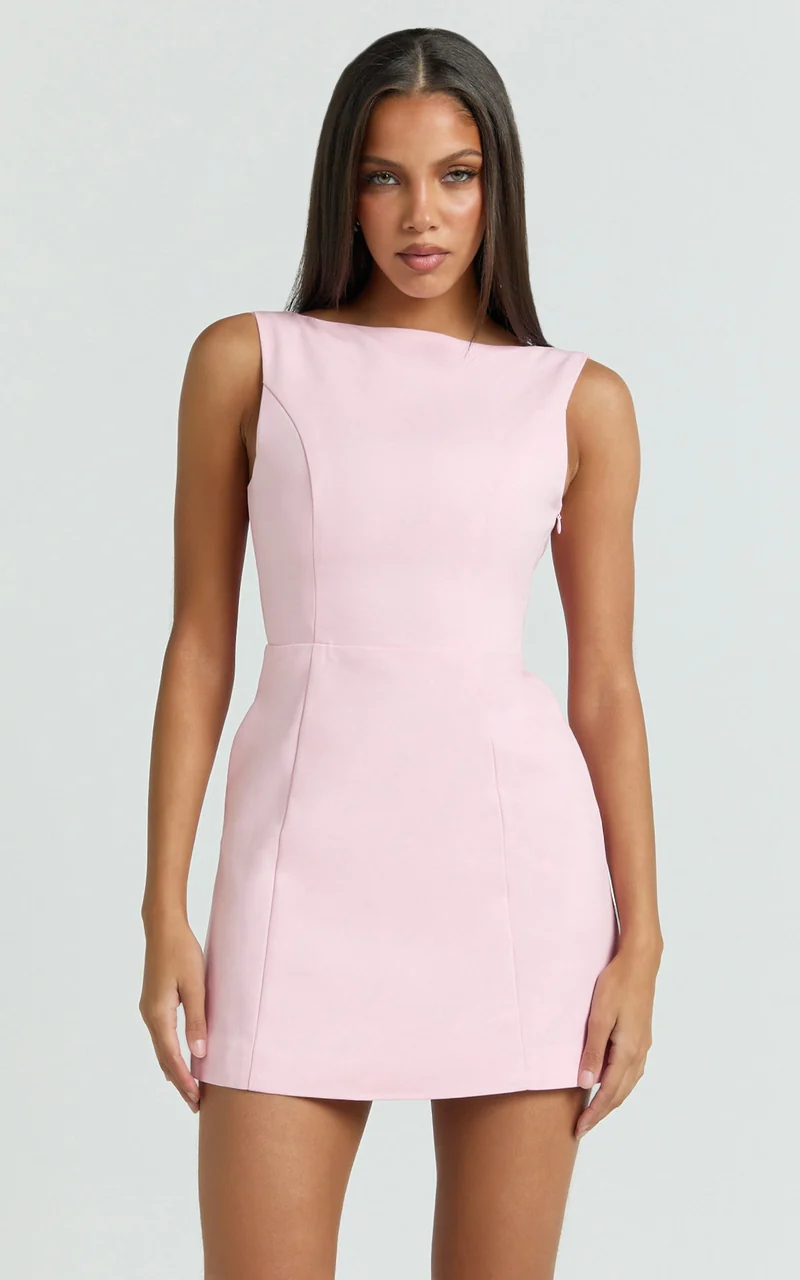 Windsor Mini Dress - Boatneck A-Line Skirt Back Bow Dress in Pale Pink