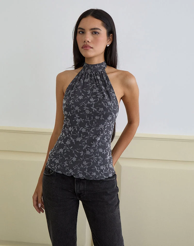 Burkie Halterneck Top in Pretty Petal Flock Dark Grey (Top licou Burkie)