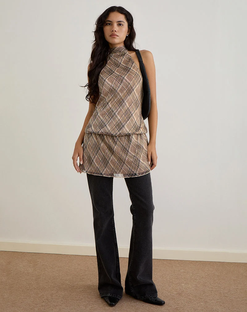 Briani Halterneck Dress in Check Plisse Brown