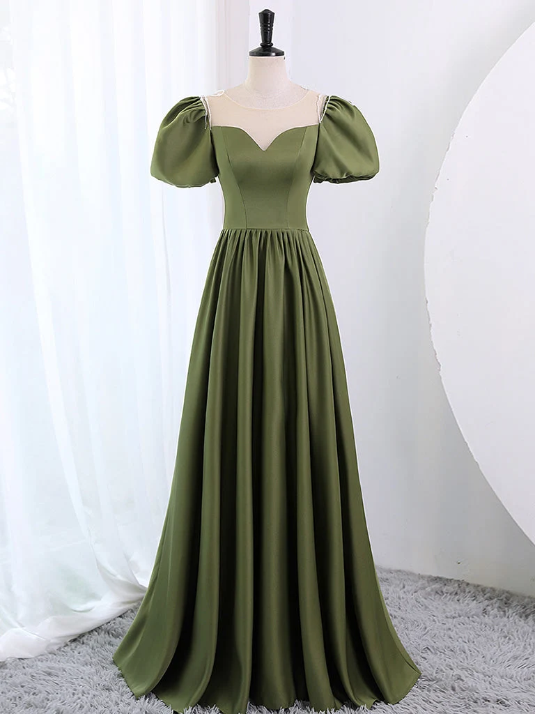 Robe de bal longue trapèze en satin vert sauge avec manches courtes bulle