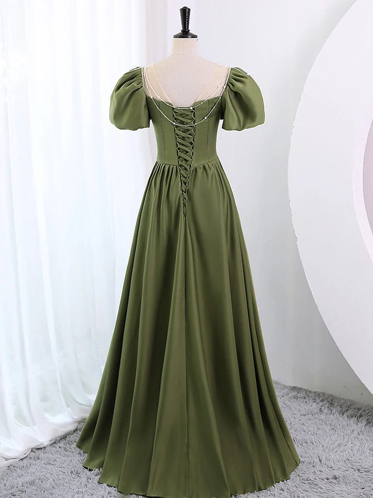Robe de bal longue trapèze en satin vert sauge avec manches courtes bulle