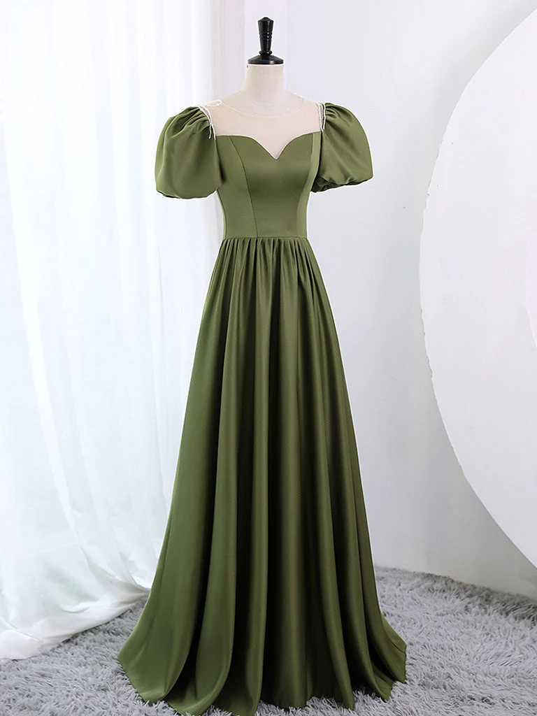 Robe de bal longue trapèze en satin vert sauge avec manches courtes bulle