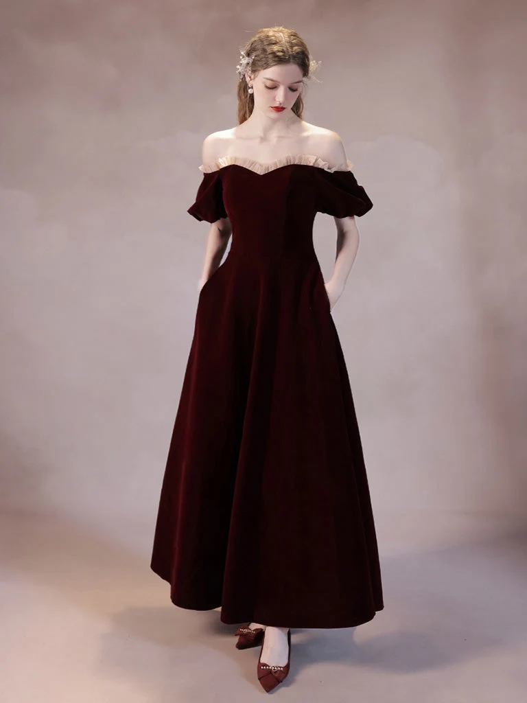 Robe de bal classique en velours à épaules dénudées, longueur cheville