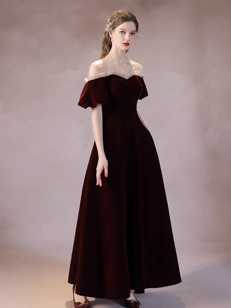 Robe de bal classique en velours à épaules dénudées, longueur cheville
