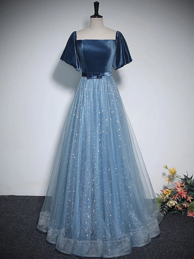 Robe de bal longue trapèze bleue romantique à col carré