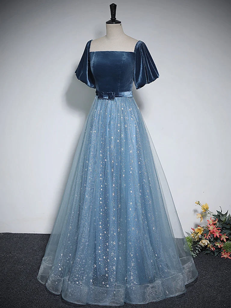 Robe de bal longue trapèze bleue romantique à col carré