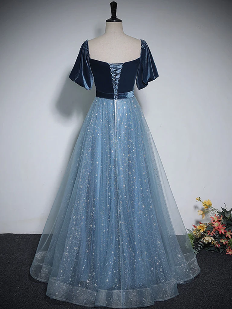 Robe de bal longue trapèze bleue romantique à col carré