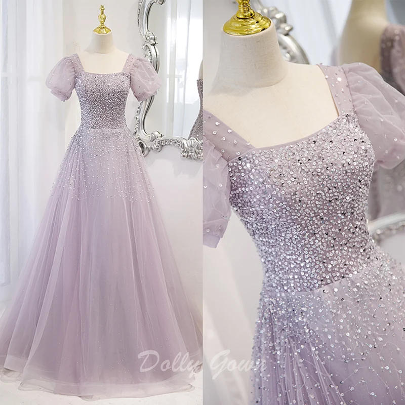 Robe de bal trapèze à col carré et perles lilas