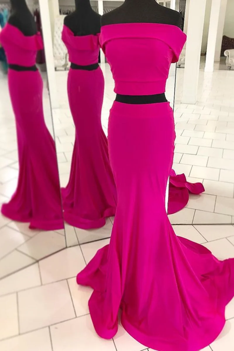 Robe de bal sirène deux pièces fuchsia à épaules dénudées